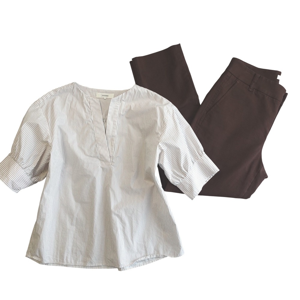 FRAME Vince Outfit Womens S 6 Brown White Striped Cotton Blouse Trousers Set